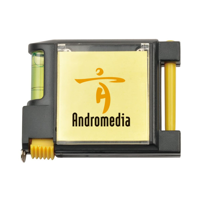 A black and yellow multifunctional tape measure with a level and a logo on the front.