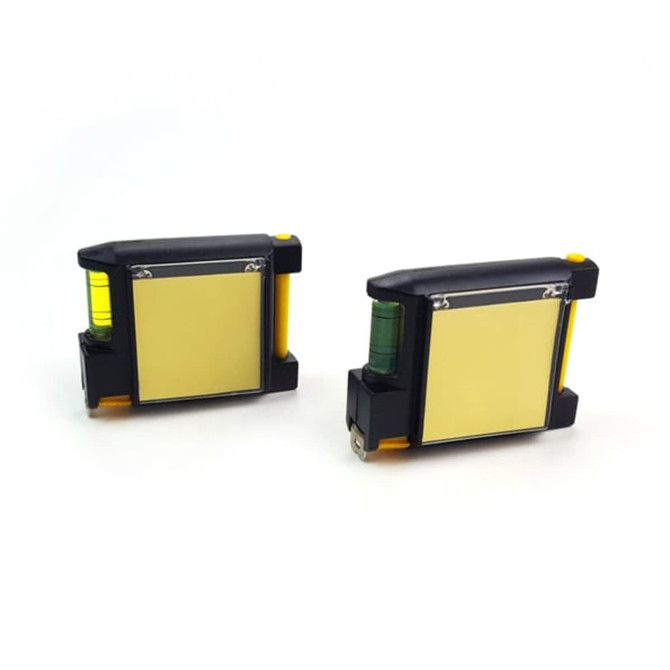 A black and yellow combo multifunctional tape measure featuring a built-in level, with two devices displayed.