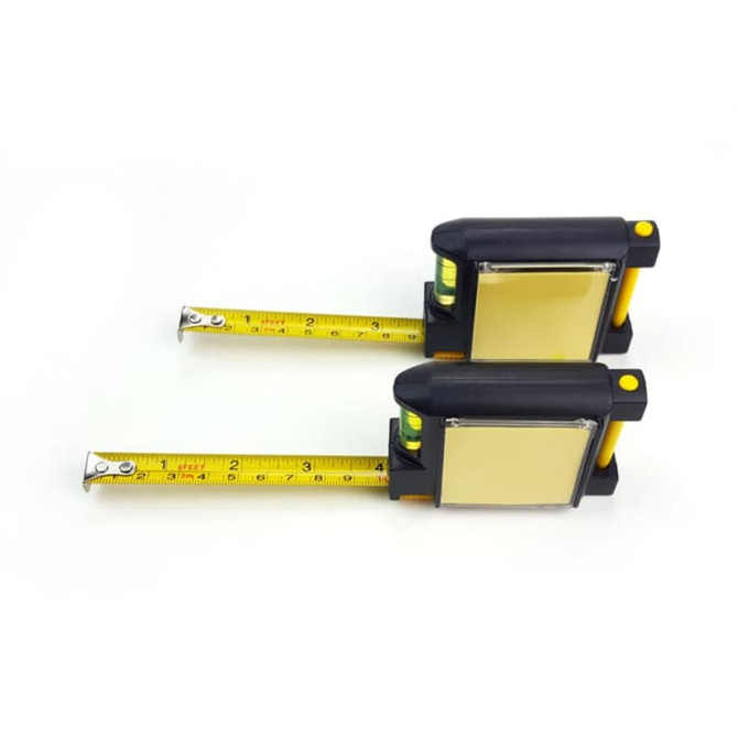 Two yellow and black multifunctional tape measures with a retractable measuring tape and a built-in level.