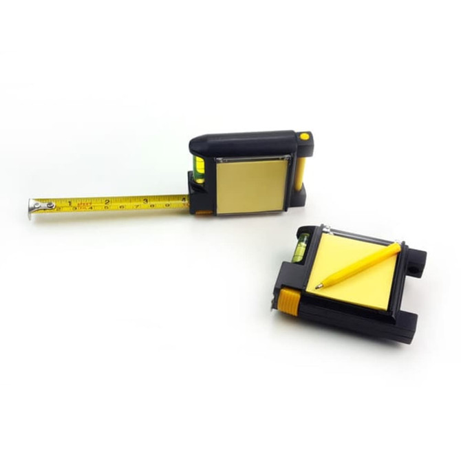 A multifunctional tape measure in black and yellow, with a retractable tape and built-in level, includes a pencil.