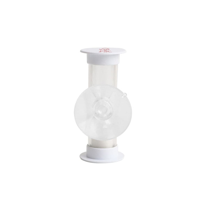 A white three-minute sand timer with a clear body and rounded ends, featuring a small logo on top.