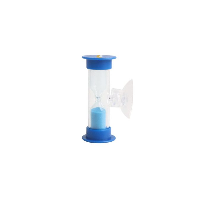 A blue sand timer with a clear hourglass design, featuring sand that flows for three minutes.