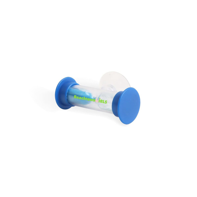 A blue and clear three-minute sand timer with circular ends, featuring a logo on the body.