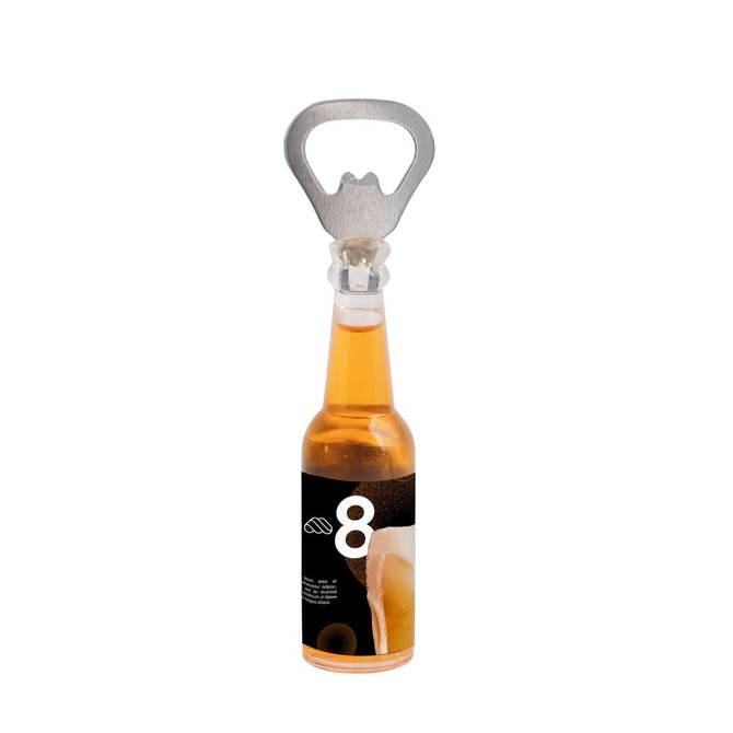 A drink bottle shaped opener with a metallic silver top and an amber-coloured bottle design, featuring a logo.