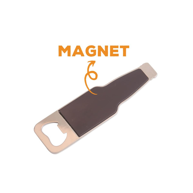 A drink bottle shaped magnetic bottle opener in silver and black, featuring a logo on the front.