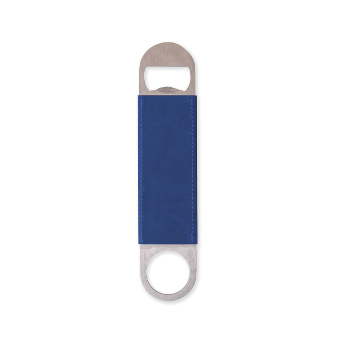 A drink bottle opener featuring a blue PU handle and stainless steel ends, with a logo on the surface.
