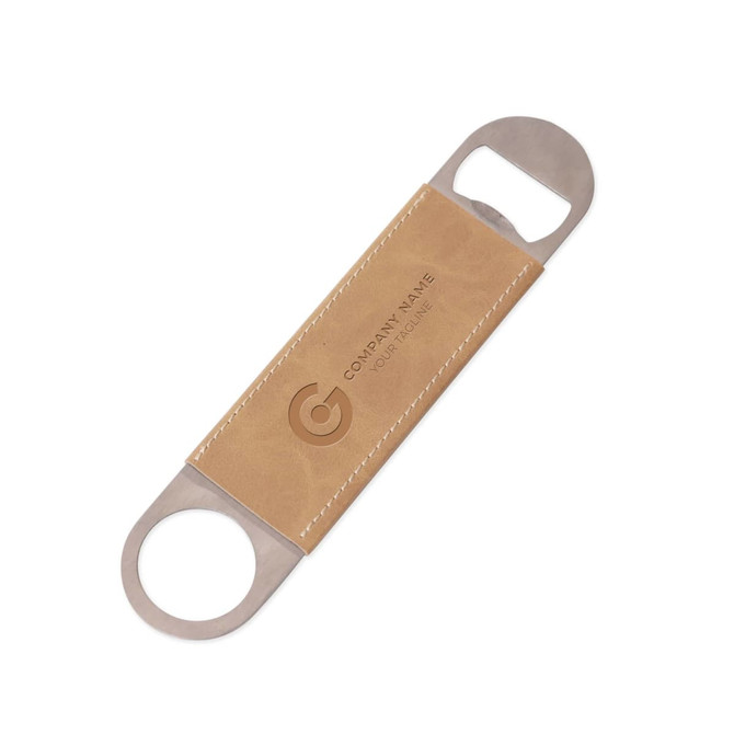 A drink bottle opener featuring a stainless steel end and a brown PU leather handle, adorned with a logo.