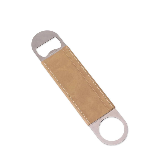 A drink bottle opener with a stainless steel end and a tan PU leather handle, featuring a logo.