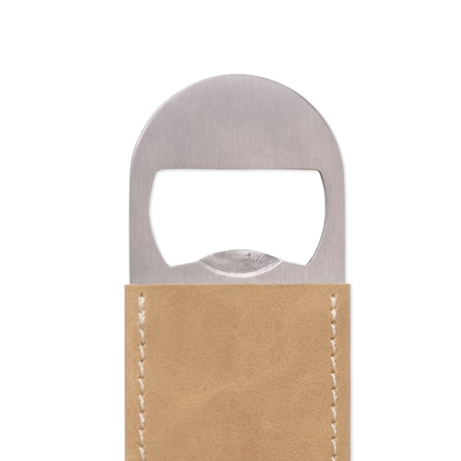 A drink bottle opener with a stainless steel head and a tan PU leather handle. It features stitching and has a logo.