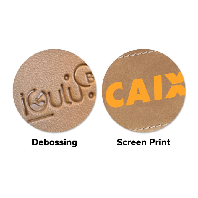 Two close-up views of different branding techniques on tan leather: one featuring debossing and the other showcasing screen printing.