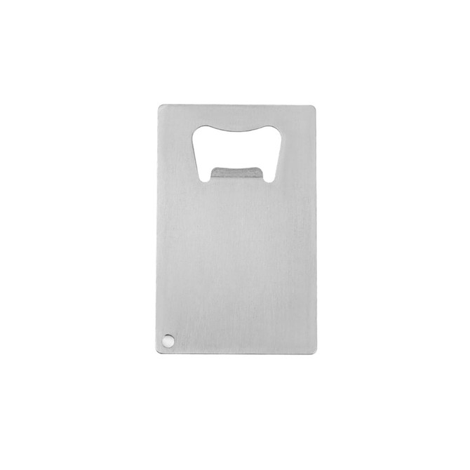 A drink bottle opener in a sleek silver card shape, featuring a rounded cut-out and a hole for attachment.