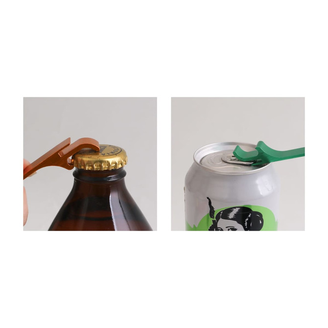 A drink bottle opener in orange, and a can opener in green, both positioned over bottle and can tops.