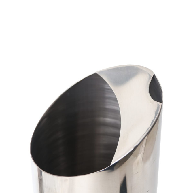 A stainless steel pitcher with a sleek design and a curved spout, featuring a reflective finish.