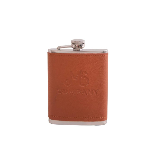 A drink bottle in a brown leather finish with a stainless steel cap and branding on the surface.