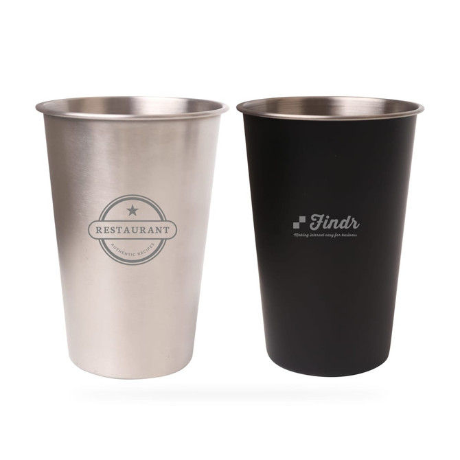 A drink bottle featuring stainless steel and matte black finishes, with branding on both cups.