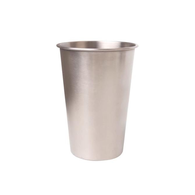 A stainless steel cup with a sleek, brushed finish, featuring a simple design and no visible branding.