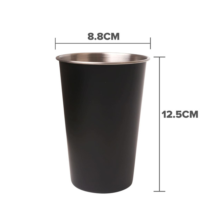 A drink bottle with a black exterior and stainless steel interior, measuring 12.5cm tall and 8.8cm wide. Features a logo.