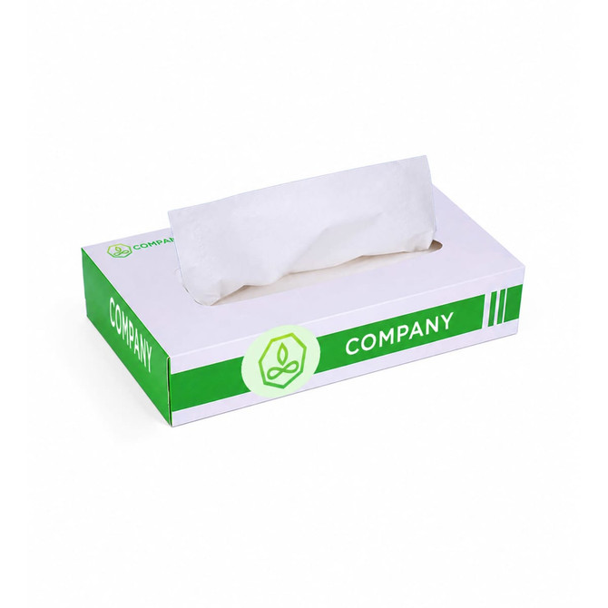 A tissue box in white and green, featuring a logo, designed for home and living use.