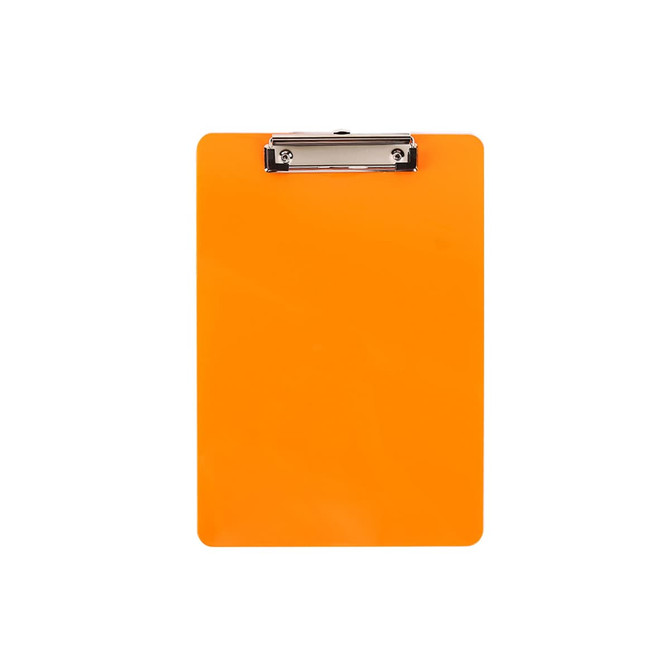 An orange clipboard with a metal clip at the top.