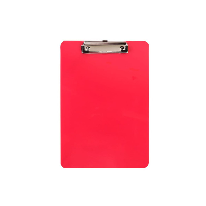 A red clipboard with a metal clip on the top. The surface is smooth and glossy.