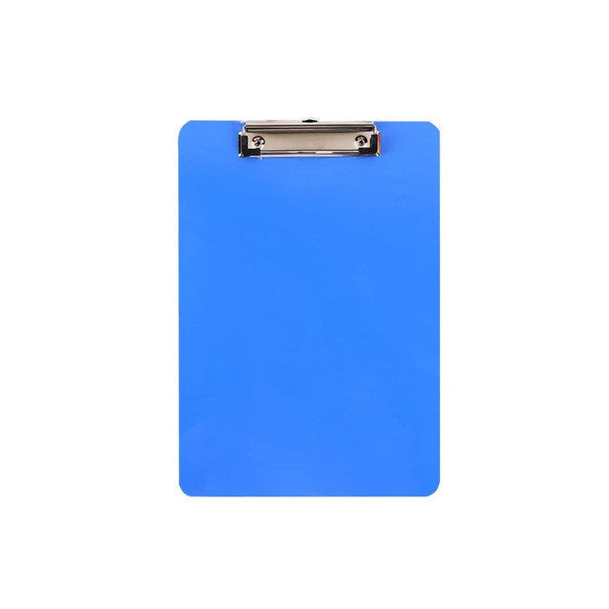 A blue clipboard with a metal clip at the top, suitable for holding documents.