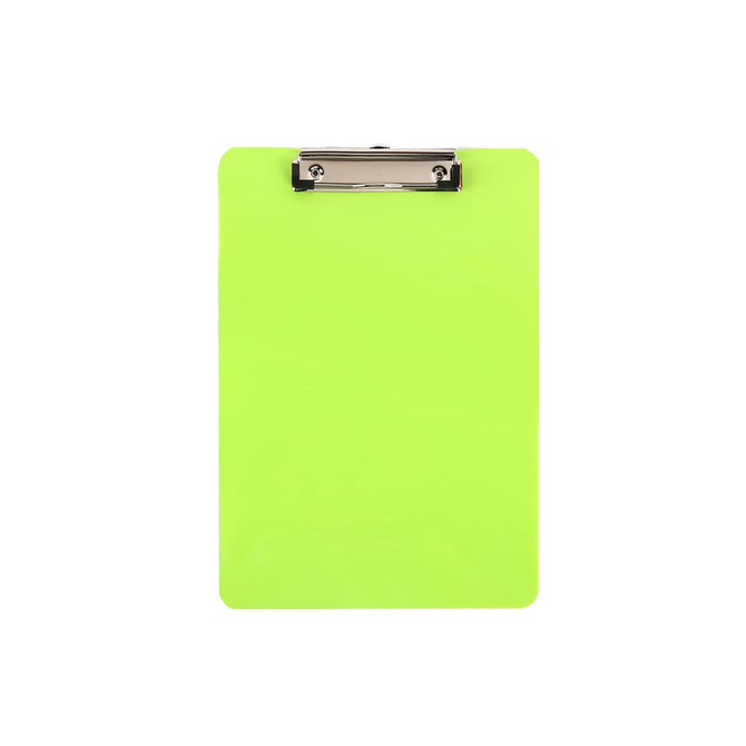 A vibrant green clipboard with a silver metal clip at the top. Ideal for various office tasks.