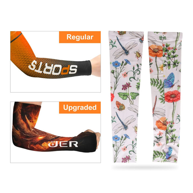 A pair of Ice Silk Arm Sleeves in vibrant floral and butterfly designs, alongside a black and orange patterned sleeve with a logo.