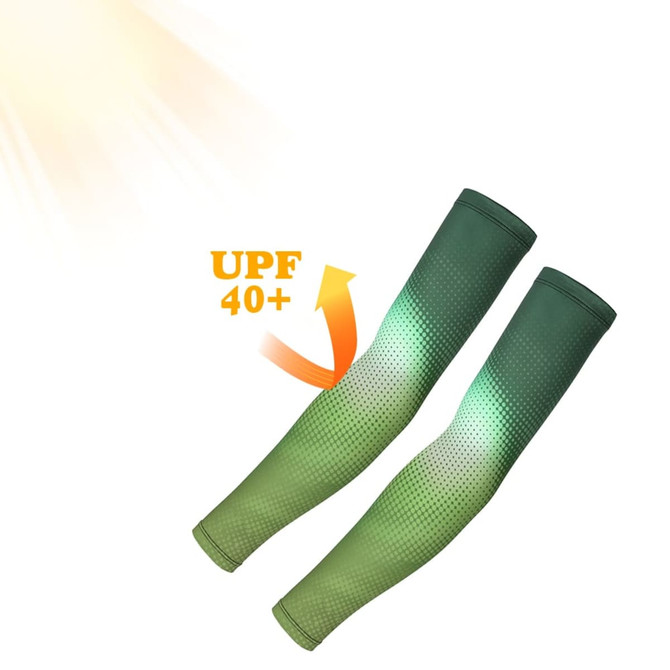 Green ice silk arm sleeves with a gradient design, featuring a logo and offering UPF 40+ protection from the sun.
