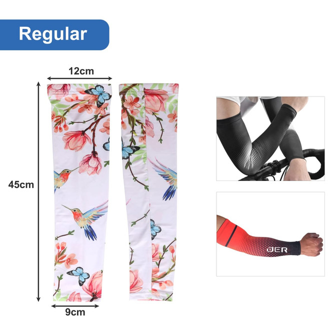 A pair of Ice Silk Arm Sleeves, featuring floral patterns and vibrant colours, alongside solid black and red designs.