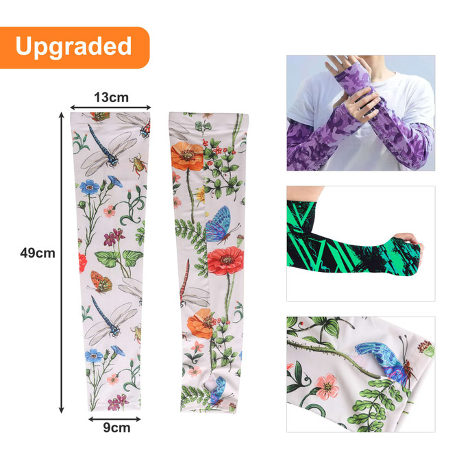 A pair of multi-coloured ice silk arm sleeves with floral and nature-inspired designs, featuring a logo.
