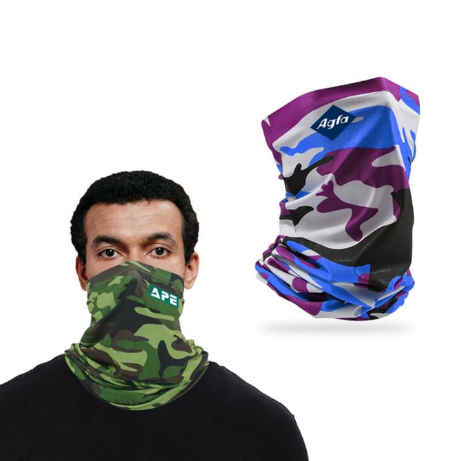 A camo-patterned neck gaiter in green and a multicoloured gaiter featuring shades of blue, purple, and black.