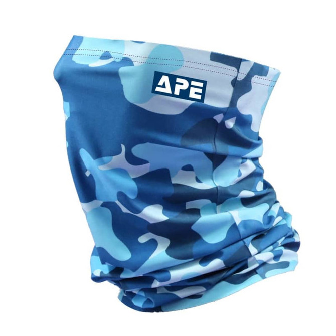 A blue camouflage Ice Silk Neck Gaiter with a branding logo. Suitable as a clothing accessory.