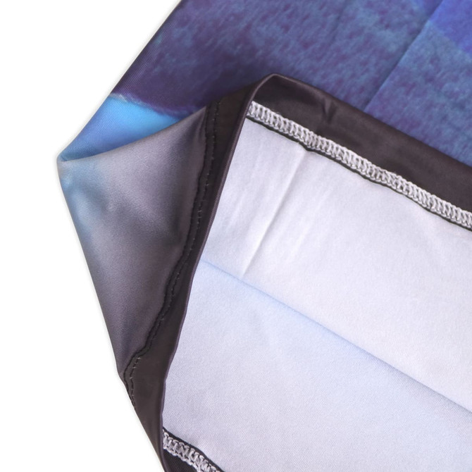 An Ice Silk Neck Gaiter featuring a gradient design in shades of blue, with a black edge and a branded logo.