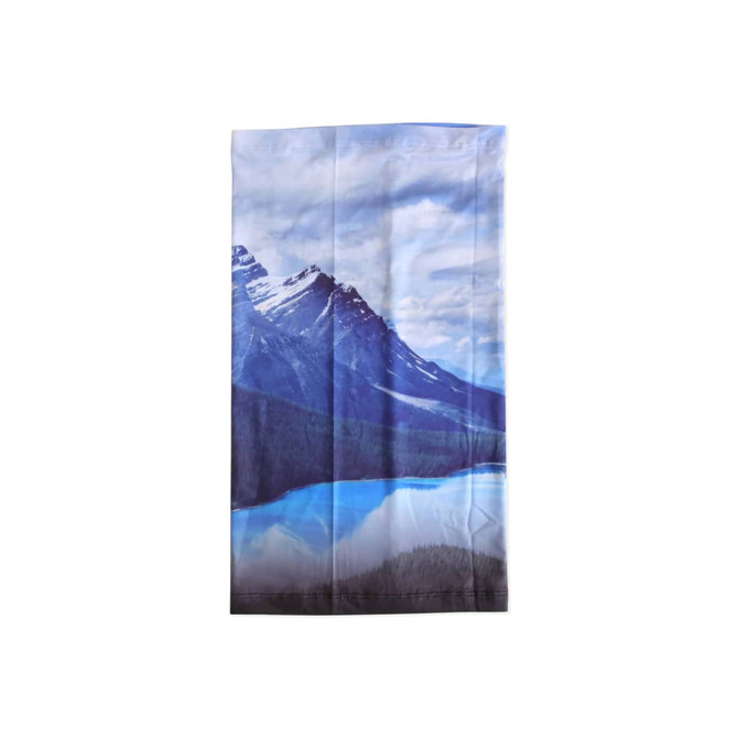 A blue and white Ice Silk Neck Gaiter with a mountain and lake scenic print, featuring a logo.