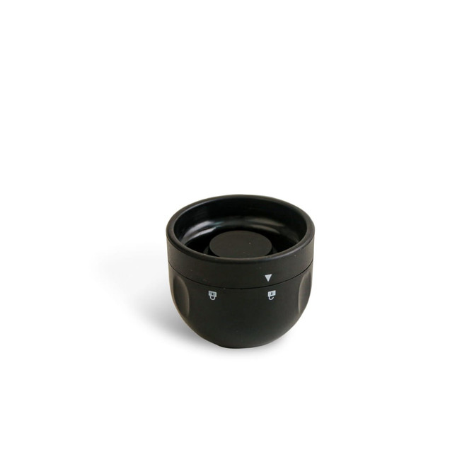 A drink bottle stopper in a sleek black colour, featuring a smooth, rounded design and a logo.