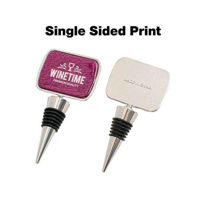 A wine stopper with a purple top featuring a logo, metal stem, and rubber base, designed for sealing bottles.