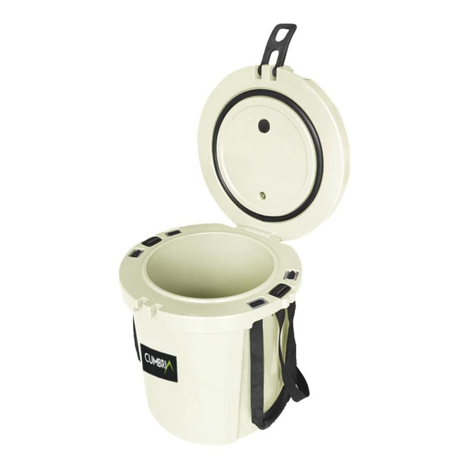 A 15L ice bucket in light green with a black handle and a lid, featuring a logo on the front.