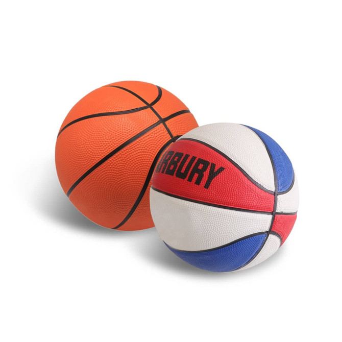 Two basketballs are displayed: one orange with black markings and one white with red and blue accents. Both feature logos.