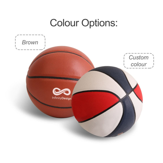 A brown and a custom coloured basketball, textured surface, featuring a logo on the brown ball.