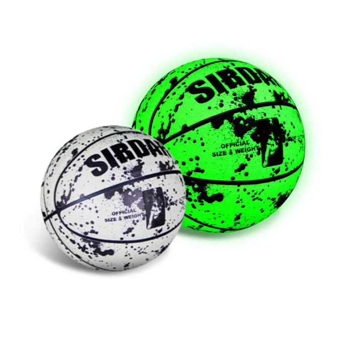 A glowing green PU basketball alongside a black and white patterned basketball, both featuring a logo.