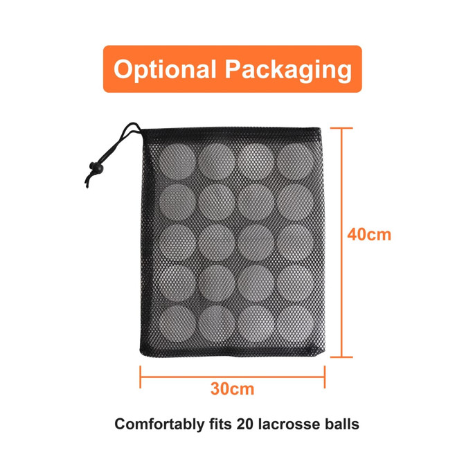 A mesh bag designed for storage, featuring a black colour and capacity for 20 lacrosse balls.