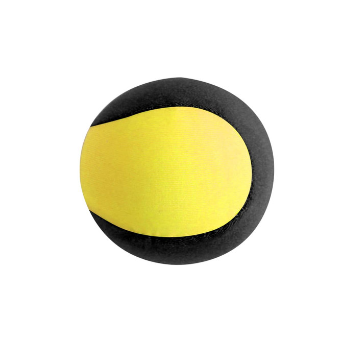 A round ball featuring a bright yellow surface with a black section, designed for water play.