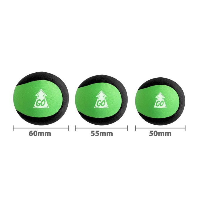 Three green water bouncing balls in varying sizes, featuring black accents and a logo on each.