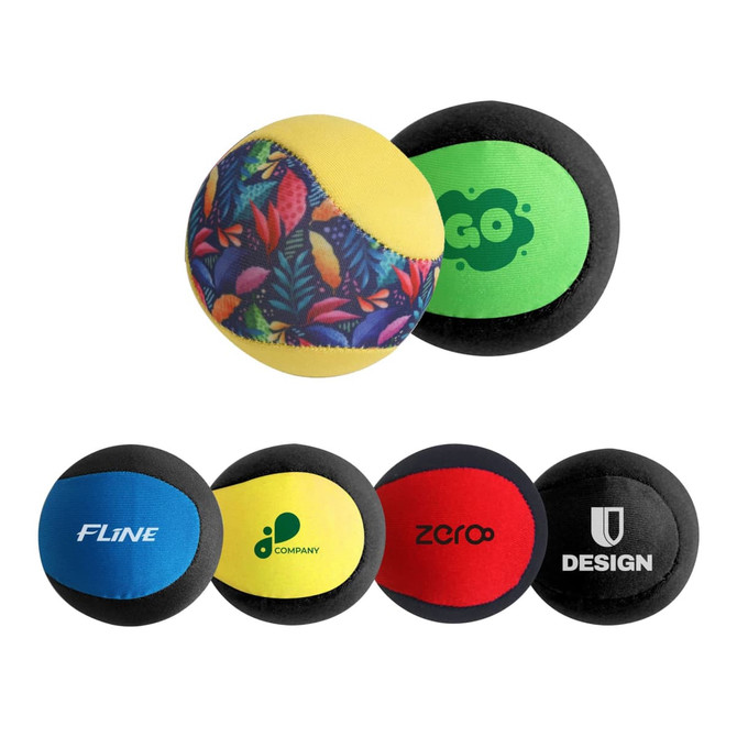 A set of colourful water bouncing balls in various designs, including yellow, green, red, and black. All feature logos.