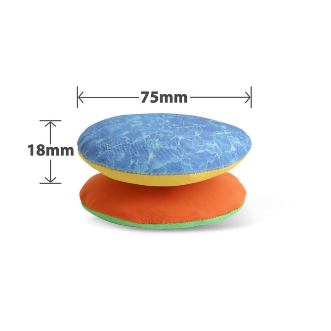 A water bouncing disc with a blue top and orange bottom, measuring 75mm in diameter and 18mm in height.