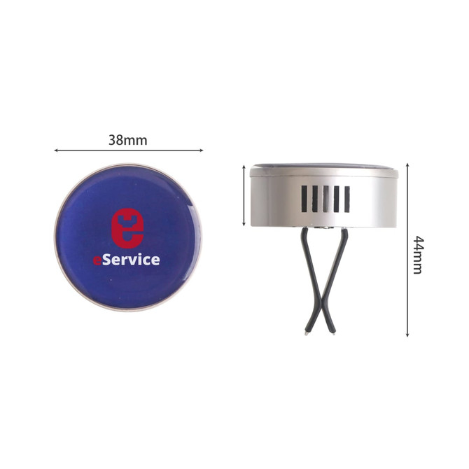 A round silver air freshener with a blue top, featuring a logo and dimensions of 38mm by 44mm.