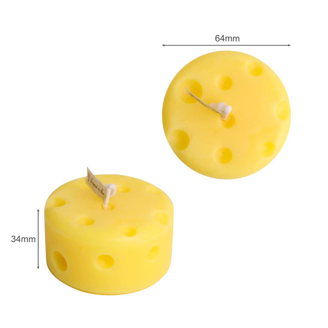 Round cheese shape candle in vibrant yellow, featuring holes on the surface, measuring 64mm in diameter and 34mm in height.