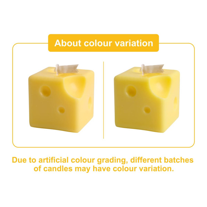Square cheese-shaped candles in bright yellow, featuring holes resembling Swiss cheese. Includes a branding logo.