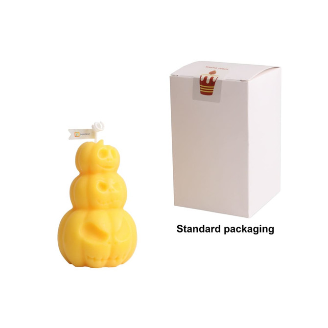 A triple pumpkin-shaped candle in bright yellow, displayed with plain white packaging.