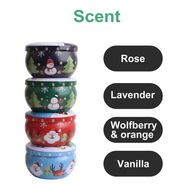 A set of four tin candles in green, red, blue, and white, each featuring festive designs and distinct scents.